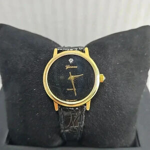 Womens Genevex Diamond Watch 24mm Gold Tone Black Dial Leather Band New Battery